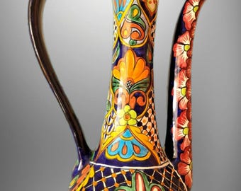 Vintage Talavera Vase, Mexican Folk Art Pottery, Hand-painted