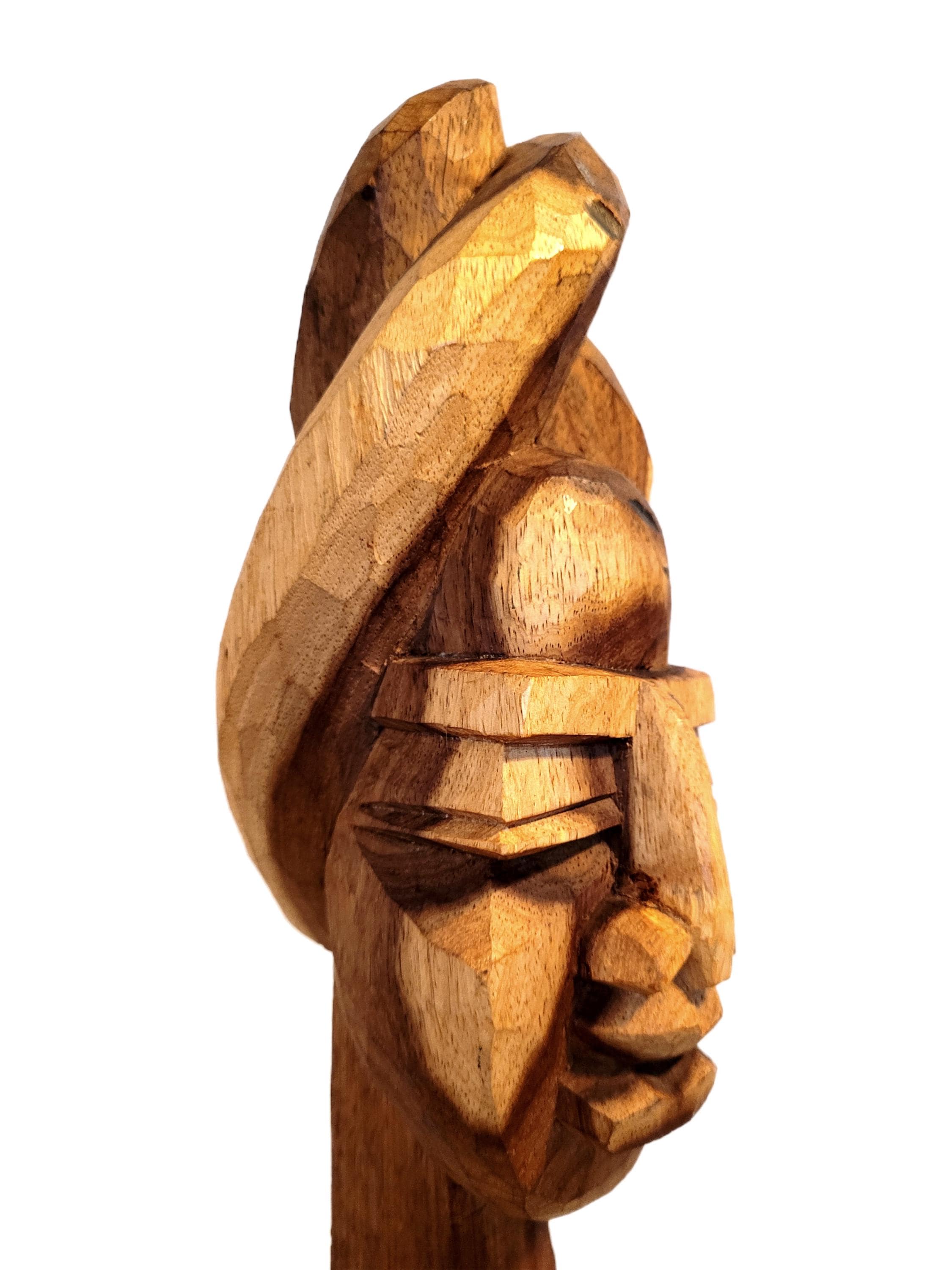 木製女性胸像彫刻 19インチの手彫り木製女性胸像彫刻：ツートンヴィンテージティキ