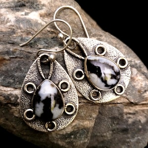 Natural Black & White Buffalo Turquoise Stone Crystal 925 Silver Plated Dangle 2 inch Earrings / Handmade / Semiprecious Gemstone