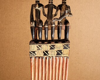 RARE 21 inch Hand Carved Wooden Ashanti Prestige Status 3 Figure Wedding Hair Comb Sculpture Carving Folk Art / African Vintage Africa Ghana