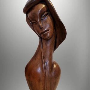 14" Hand Carved Monkey Pod Wood Woman Bust: Mid-Century Modern Sculpture