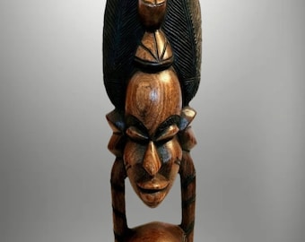 12" Hand Carved Wood African Woman Bust: Mid-Century Modern Sculpture