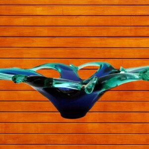 Artisan Cobalt Blue Green Art Glass Lavarzione Bowl / Murano Style Italian Stretched Pulled Glass Bowl Starfish Dish / Italian Vintage Italy