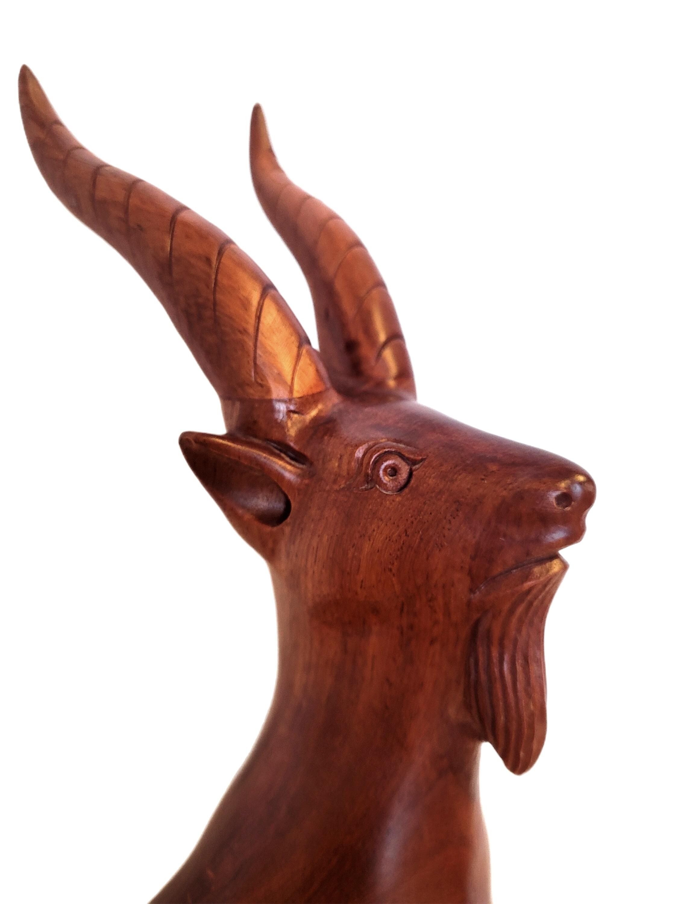 12インチ ヴィンテージ ボックスウッド ヤギ彫刻 - 手彫り 山羊座