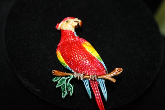 Enamel Parrot Brooch Unsigned