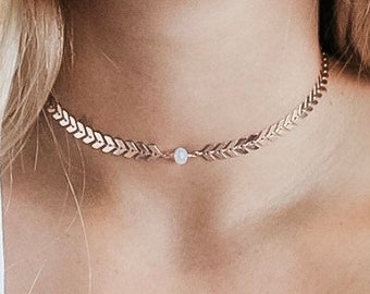 CAITY|| Pearl, Opal, Beaded Chevron Statement Choker Necklace - Fish Necklace- Arrow Choker- Layering- Gold Rose Gold, Silver Plated Jewelry