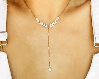 QUINN|| Opal and Chevron Embellished Lariat Chain Necklace in Gold Plated, Silver Plated and Rose Gold