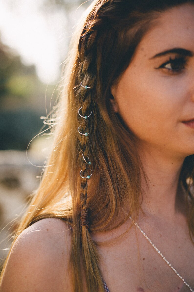 LANA Hair Rings Silver or Gold Rings With Pearly Turquoise Beaded Accents Hair Jewelry Hair Accessories Festival Hair Rings Jewelry image 1