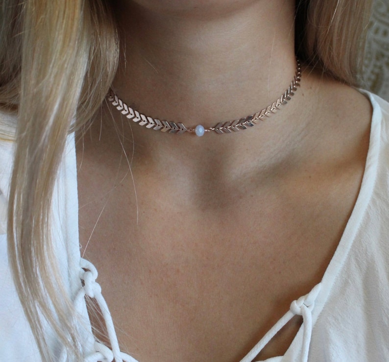 CAITY BEST SELLER Pearl, Opal, Chevron Statement Choker Necklace Necklace Arrow Choker Layering-Rose Gold, Silver Plated Jewelry image 5