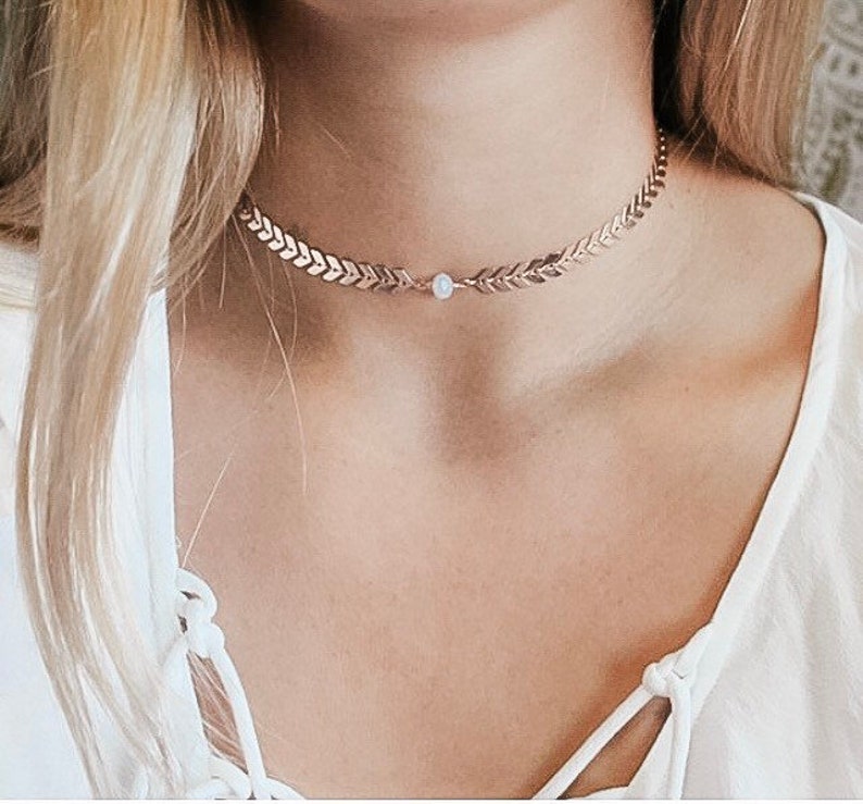 CAITY BEST SELLER Pearl, Opal, Chevron Statement Choker Necklace Necklace Arrow Choker Layering-Rose Gold, Silver Plated Jewelry image 2