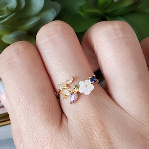 Rose Gold Floral Leaf Wrap Band Ring, Christmas gift idea, Statement Adjustable Delicate Ring, Rings For Women, 14K or Rose Gold Plated