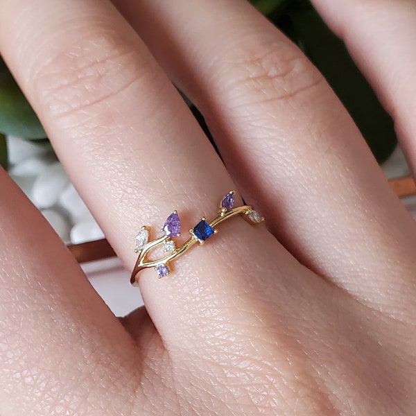 Vine Leaf Branch Band Ring, Floral Adjustable Ring, Rings For Women, Colorful Ring, Rhodium, Rose Gold or 14K Gold Plated, Ship Canada USA