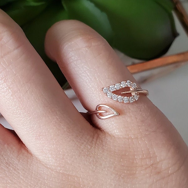 Double Monstera Leaf Cubic Ring, Statement Adjustable Ring, Rings For Women Layering Ring, Silver Rhodium Plated, Plant Lady Club