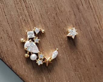 Mismatch Moon Star Earrings, Sterling Silver, Gift for her, Woman Earrings, Silver Rose Gold Statement Earrings, Earrings for Her