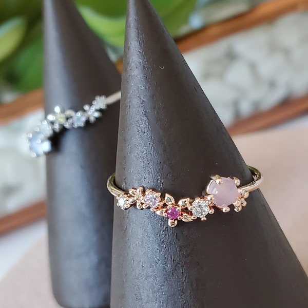 Stagger Flowers with Round Gem Ring, Floral Adjustable Ring, Rings For Women, Colorful Ring, Rhodium or Rose Gold Plated, Ship Canada USA
