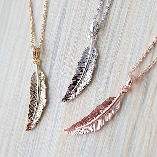 Dainty Feather Necklace, Rose Gold Jewelry, Rhodium Plated Chains, Minimal Layering Jewelry, Protection Gift for her, Necklaces for women