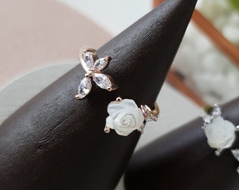 Silver Rose Gold Rose Bud Floral Multi Cubic Ring, Dainty Adjustable Delicate Ring, Rings For Women Layering Ring Gold Plated Rhodium Plated