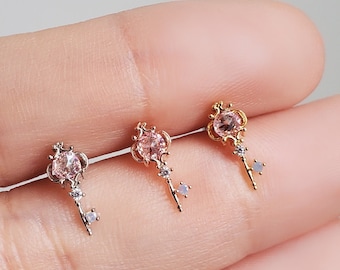 Pink gem key ear piercing 16G, screw back earring, helix stud, tragus stud, cartilage stud, 316L surgical steel bar, ear piercing jewelry