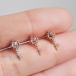 Pink gem key ear piercing 16G, screw back earring, helix stud, tragus stud, cartilage stud, 316L surgical steel bar, ear piercing jewelry