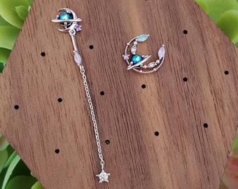 Mismatch Planet Galaxy Moon Star Drop Earrings, Sterling Silver, Gift for her, Woman Earring, Silver Rose Gold, Earrings for Her, Star Lover