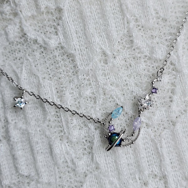 Simple Moon Galaxy Planet with Star Cubic Necklace, Rose Gold Silver Plated Chains, Layering Jewelry, Gifts for her, Necklaces for women