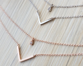 Simple Geometric Double Layers Cubic V Necklace, Rose Gold, Silver Chains, Layering Jewelry, Gifts for her, Necklaces for women
