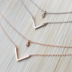 Simple Geometric Double Layers Cubic V Necklace, Rose Gold, Silver Chains, Layering Jewelry, Gifts for her, Necklaces for women
