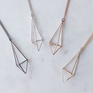 Simple Pyramid Shaped Pendant Long Necklace with Silver or Gold Rhodium Plated Chain, Modern, Minimalist Necklace