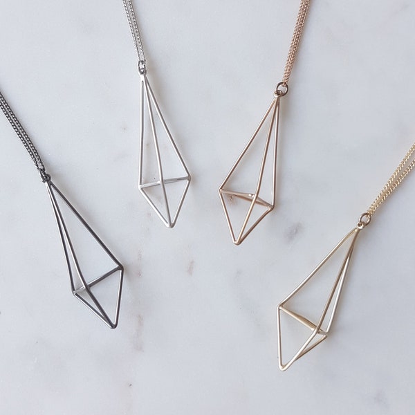 Simple Pyramid Shaped Pendant Long Necklace with Silver or Gold Rhodium Plated Chain, Modern, Minimalist Necklace