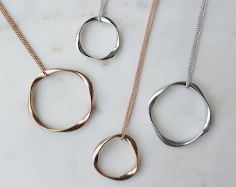 Simple Circle Loop Pendant Long Necklace with Silver or Gold Rhodium Minimalist Necklace, Gunmetal, Champagne Mother and Daughter Necklaces