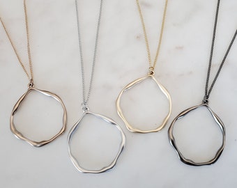 Simple Geometric Wave O Ring Pendant Long Necklace with Silver or Gold Rhodium Plated Chain, Woman Necklace, Unisex Necklace, Gift Ideas