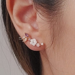 Sakura Flower with Ice Cubic S Wave Earrings, Sterling Silver, Gift for her, Woman Earrings, Silver Rose Gold, Earrings for Her, Florist