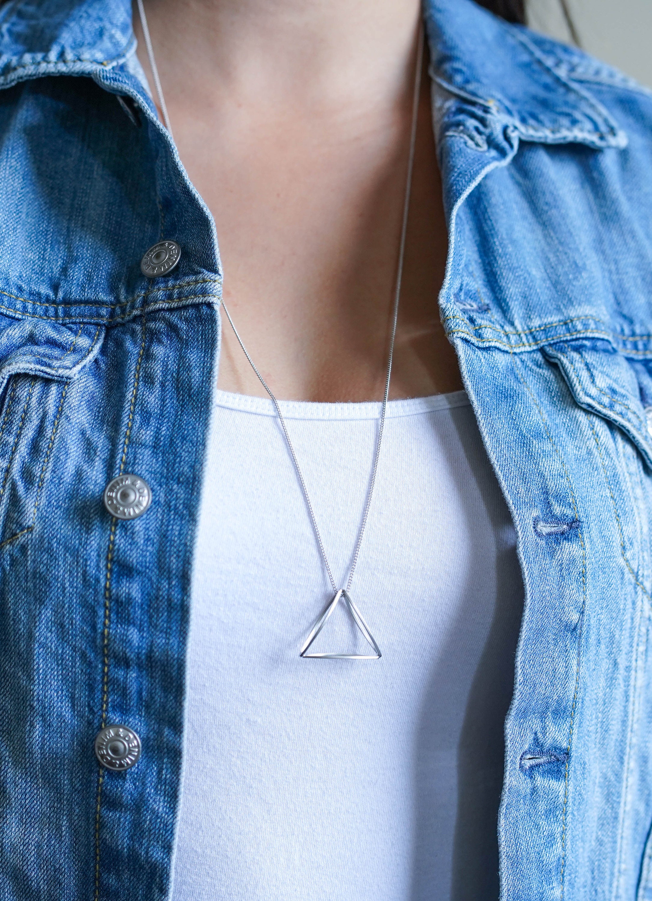 Simple 3D Geometric Triangle Long Pendant Necklace, Rose