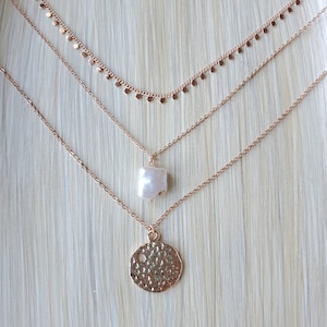Schlichtes Layering Roségold Halsketten Set, 3 Halsketten, Hammer Kreis Anhänger Halskette, Quadrat Barock Perle, zierliche Casual Layering, Silber