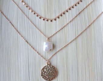 Simple Layering Rose Gold Necklaces Set, 3 Necklaces, Hammer Circle Pendant Necklace, Square Baroque Pearl, Dainty Casual Layering, Silver