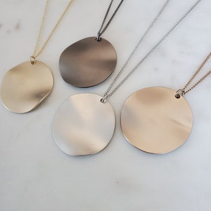 Simple Geometric Wave Circle Plate Pendant Long Necklace with Silver or Gold Rhodium Plated Chain, Woman Necklace, Necklace for her