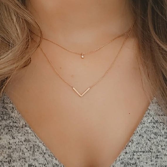 Simple Geometric Double Layers Cubic V Necklace Rose Gold Silver Chains Layering Jewelry Gifts for her Necklaces for women