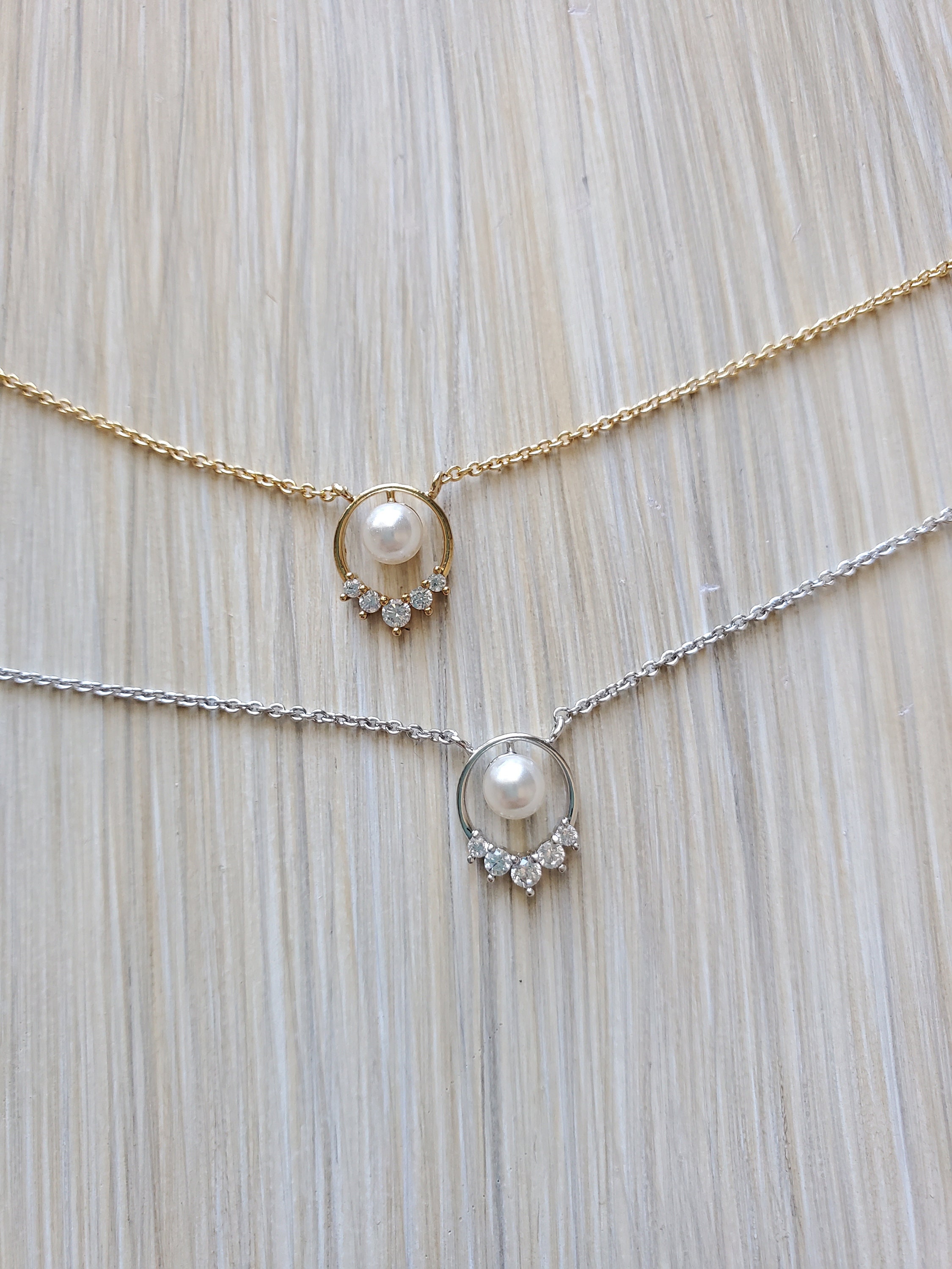 Stones Frame Pearl Necklace Rose Gold 