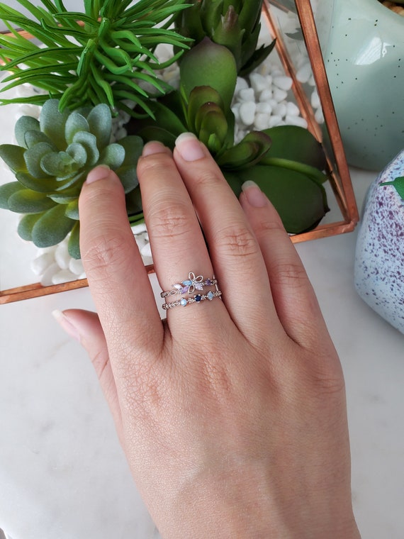 Silver Rose Gold Floral Twin Gem Band Ring Statement Adjustable Stack Ring Rings for Women Layering Ring 14K Gold Plated Rhodium Plated Etsy