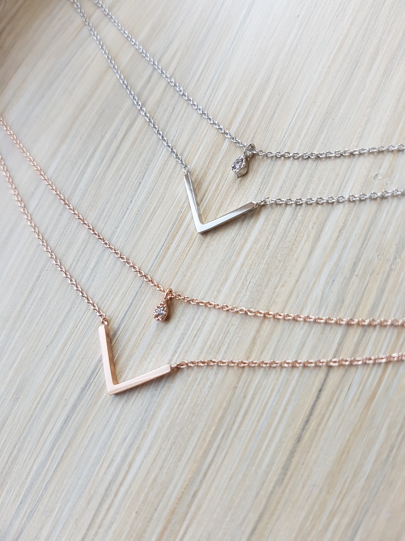 Simple Geometric Double Layers Cubic V Necklace, Rose Gold, Silver Chains, Layering Jewelry, Gifts for her, Necklaces for women 