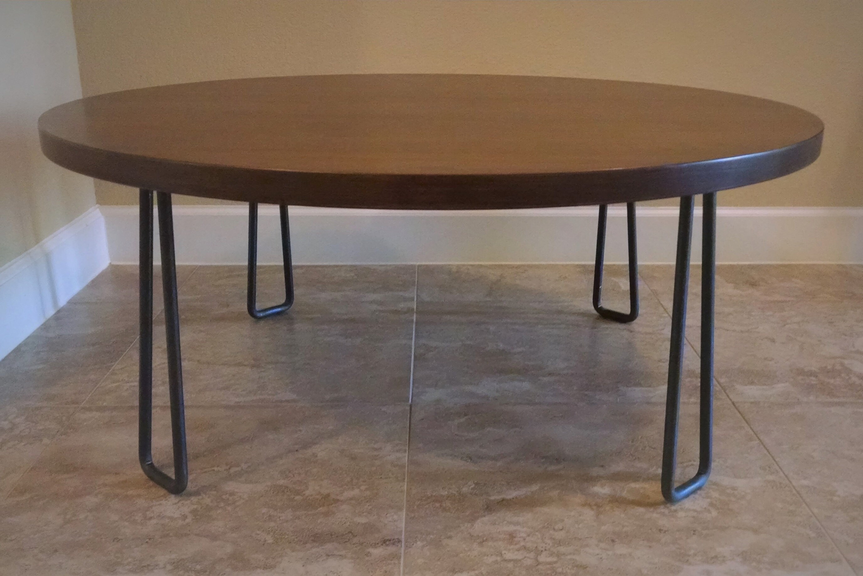 Round Walnut Coffee Table or Cocktail Table with Steel Legs Etsy