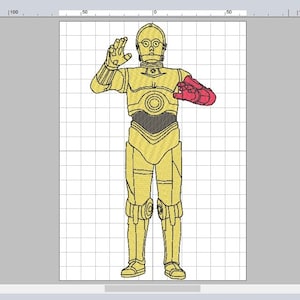 以下が含まれることがあります： 黄色と赤色の刺繍で描かれたロボットのキャラクター。ロボットは片腕が赤く、両手を広げて立っている。