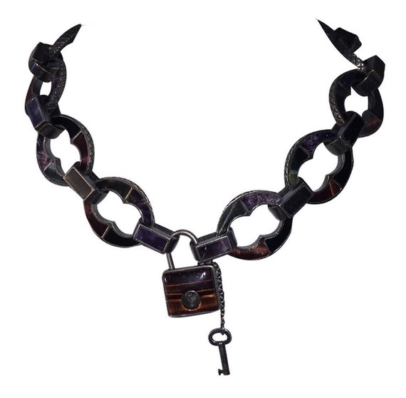 Bottega Veneta Sterling Pad Lock Inlay Necklace