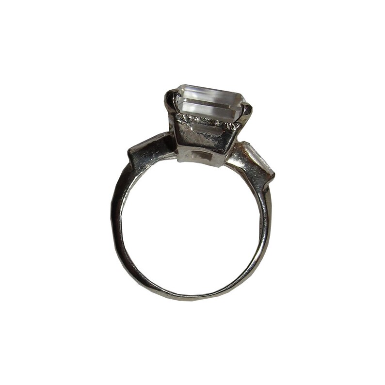 Small Sterling Silver Emerald Cut Rock Crystal Quartz and Cubic Zirconia Baguett