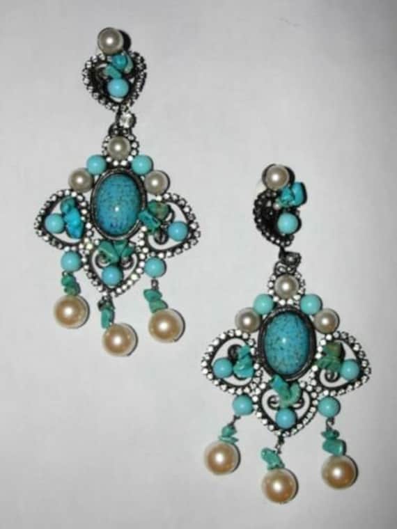 Lawrence Vrba Turquoise Faux Pearl Chandelier Earr