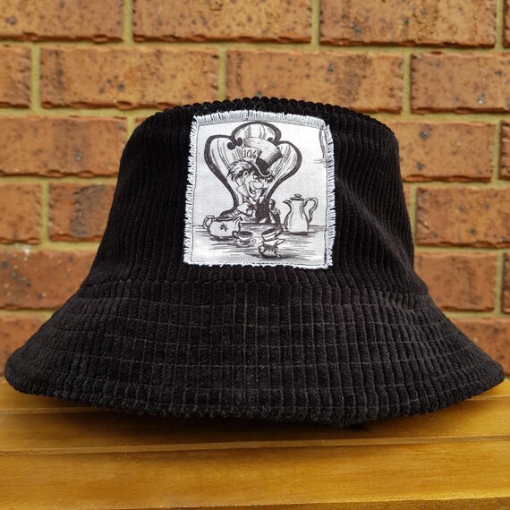 Mad Hatter Cord Bucket Hat, Reversible, Patchwork, Alice in