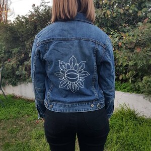 Mandala Denim Jacket Sunflower Hand Painted Recycled Denim Jacket Eco Psychedelic Jacket Third Eye Repurposed Denim All Seeing Eye
