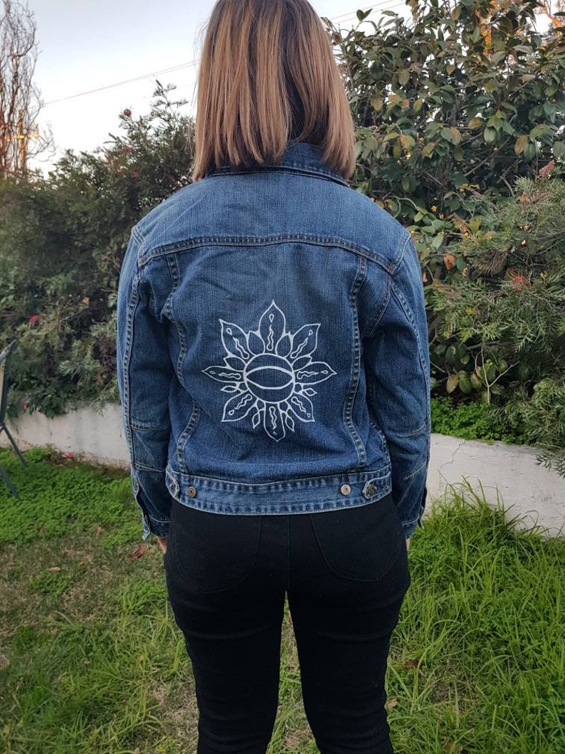 Mandala Denim Jacket Sunflower Hand Painted Recycled Denim Jacket Eco Psychedelic Jacket Third Eye Repurposed Denim All Seeing Eye