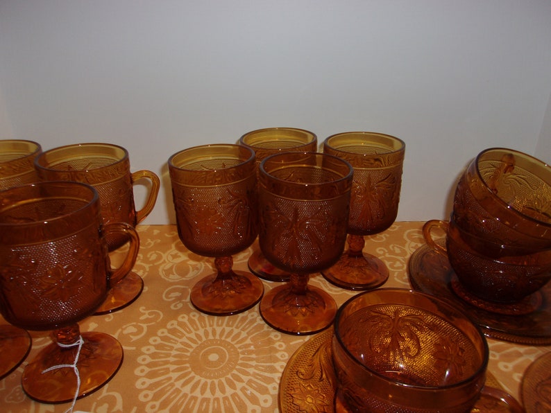 Vintage Tiara Sandwich Glass Amber Tea Cups and Saucers, Irish Coffee