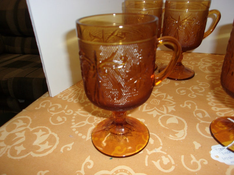 Vintage Tiara Sandwich Glass Amber Tea Cups and Saucers, Irish Coffee